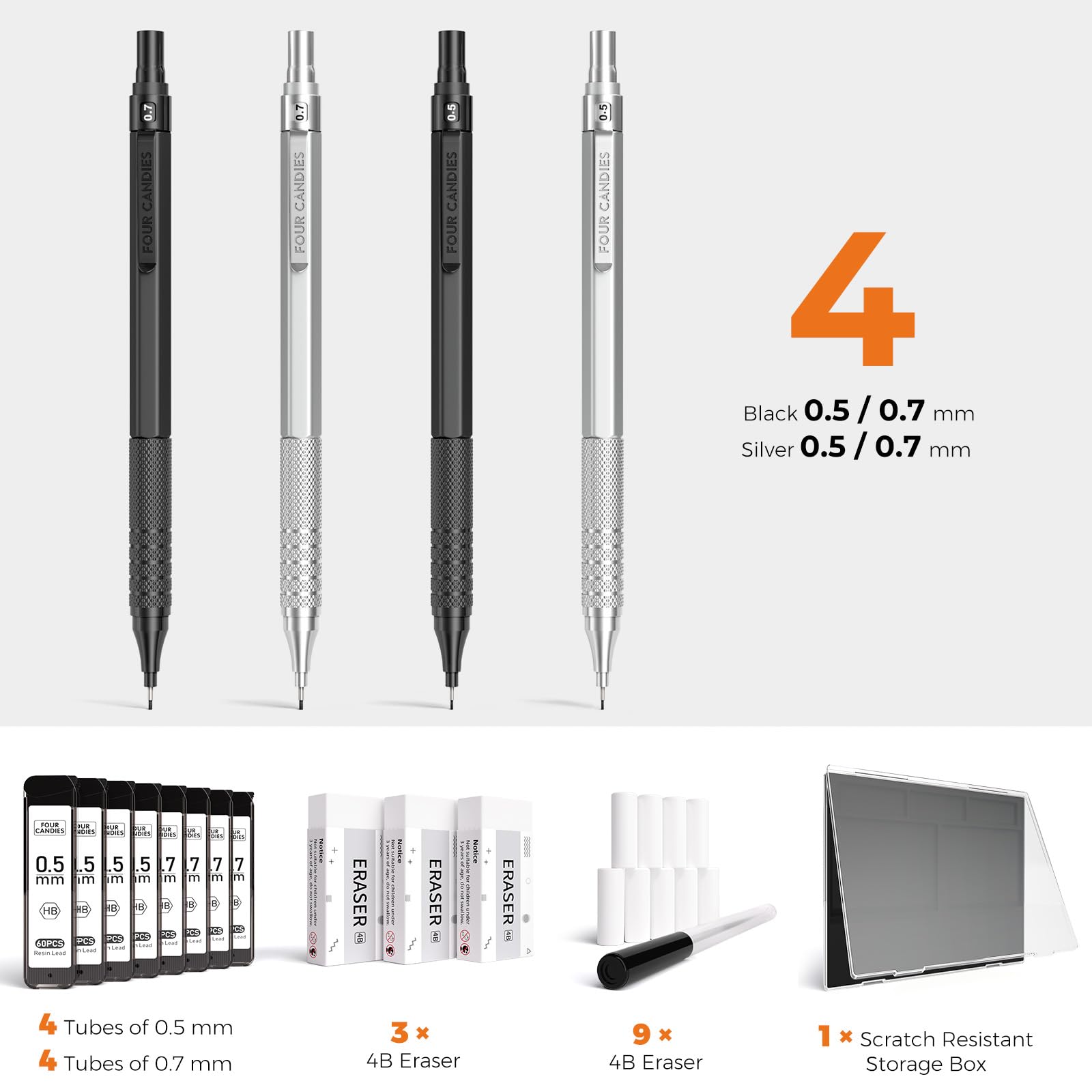 シルバー メタル シャープペンシル Amazon.co.jp: 金属製シャープペンシル4本セット、0.5mm+0.7mm、収納